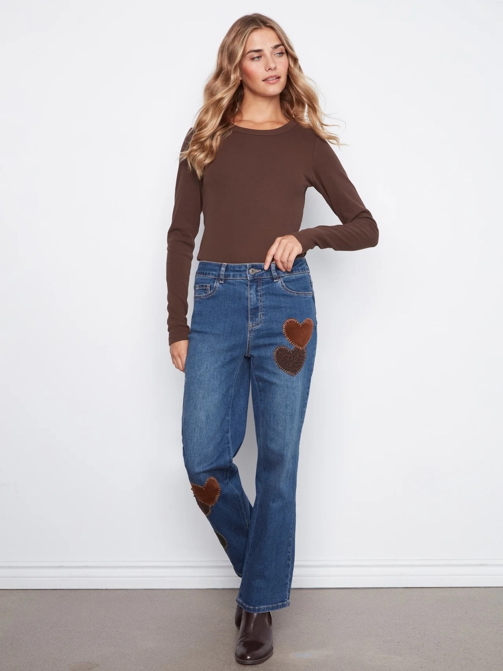 CHARLIE B Blue Denim Straight Leg Jeans with Corduroy Brown Heart Patches